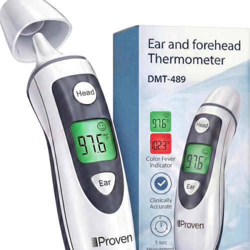 iProven Digital Thermometer for Adults Kids and Baby - Ear and Forehead 2-in-1, 1 Second Reading, Fever Alarm with Color Indicator, 20 Memory Recall - Medical Infrared Thermometer For The Whole Family