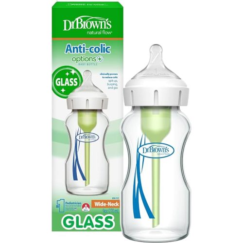 Dr. Brown's Anti-Colic Options+ Wide-Neck Glass Baby Bottle, 9 oz, 1-Pack
