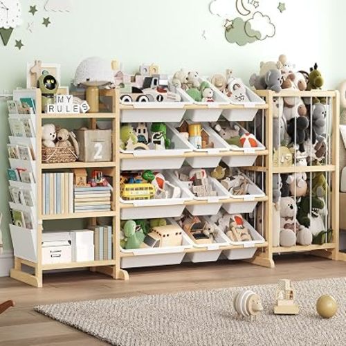 4-in-1 Large Toy Storage Organizer with Stuffed Animal Storage, 4 Kids Bookshelf, 12 Plastic Bins, Side Book Bag, Toy Organizers and Storage Shelves for Kids Room, Playroom, Bedroom, 64 inch