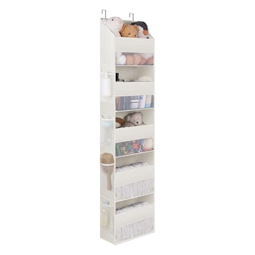 GRANNY SAYS Over The Door Organizer, 5-Shelf Waterproof Behind The Door Storage with 8 Pockets and Clear Window, Anti Tilt 45lb Large Capacity Door Hanging Organizer for Nursery, Laundry, Beige