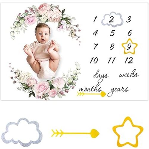 Manta mensual de hitos para bebé recién nacido, tapete de crecimiento para el primer año, para baby shower, memoria, recuerdo, manta de grabación de fotos, 60 x 40 pulgadas con marco