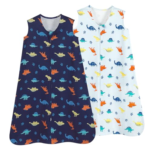 david's kids 100% Organic Cotton Baby Sleep Sack 6-12 Months, Soft Baby Wearable Blankets with 2-Way Zipper, 2 Pack Comfy Sleeping Bags for Infant Newborn Boys Girls Neutral, Medium Size, Dinosaur