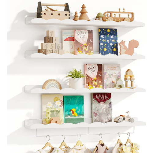 Nursery Shelves, 24 Inch Floating Bookshelves for Wall Set of 4, Scalloped Wall Book Shelves with Towel Rack for Kids, Toddler Room, Baby Room, Nursery Decor and Storage(White)