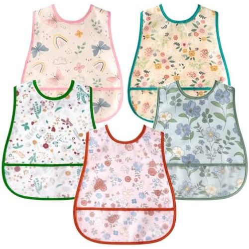 R HORSE 5Pcs Baby Bibs Set Toddler Bibs with Crumb Catcher Pocket & Snap Button Waterproof Baby Feeding Bibs for 6-24 Months