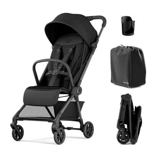 Mompush Nexis Carbon Travel Stroller, Ultra-Lightweight 11.5 lbs, Compact & Airplane Carry-On Approved, One-Second Auto-Fold, One-Hand Full Recline, from Birth to 50 lbs, JPMA Certified, Black