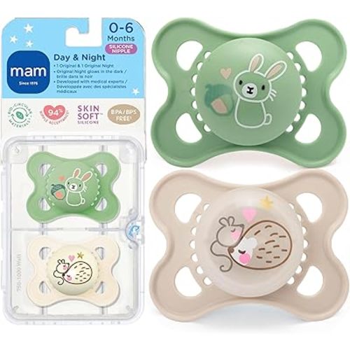 MAM Original Baby Pacifiers 0-6 Months, Binky for Newborn Babies, BPA-Free Skin Soft Silicone Nipple, Glows in The Dark, Developed with Medical Experts, 2 Count, Sterilizer Case, Made in Europe