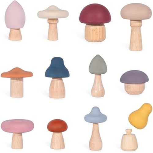 Woodland Mushrooms Mix & Match Set for Kids - Wood and Silicone Montessori Open Ended Play Imaginative Toys