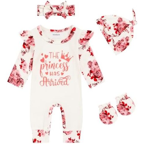 GRNSHTS Newborn Baby Girl Romper Infant Letter Print Jumpsuit Floral Bodysuit+Hat+Headband+Gloves Coming Home Clothes Outfits