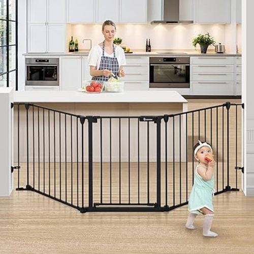 COMOMY 80" Extra Wide Baby Gate, Dog Gate for House Stairs Doorways Fireplace, Auto Close Pet Gate with Door Walk Through, 3 Metal Panels, Hardware Mounted Baby Fence Indoor Outdoor(30" Tall, Black)