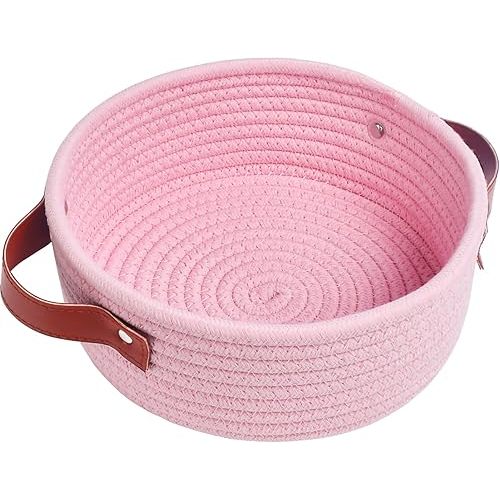 ABenkle Small Storage Basket, Mini Cotton Rope Storage Bin, Cute Tiny Shelf Baskets, Boho Decorative Toy Organizer for Nursery, Spa, Empty Gift Basket - XS, Pink