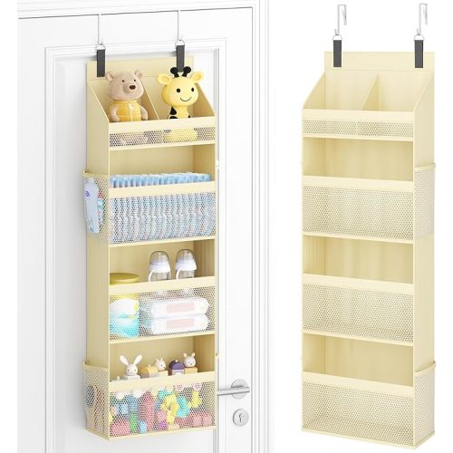 Lifewit 4 Tier Over the Door Diaper Organizer for Nursery, Large Heavy Duty Hanging Storage with 4 Mesh Side Pockets, Sturdy Back of Door Shelf for Baby Stuff Toy in Pantry, Laundry, Bathroom, Beige