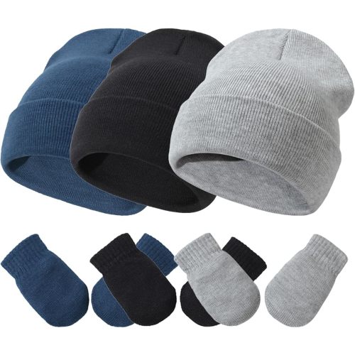 Baby Hats and Mittens Set Infant Toddler Beanie Caps Hospital Hat Set Newborn Gloves for Baby Boys Girls Black/Gray/Navy S