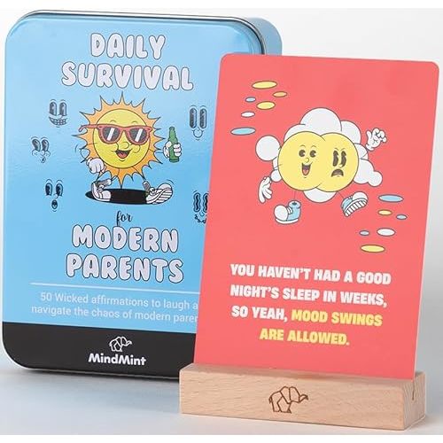 New Parent Gift for Couples - 50 Funny Affirmation Cards for Parenthood - Dark Humor Gifts for New Mom and Dad in Tin Box with Wooden Stand