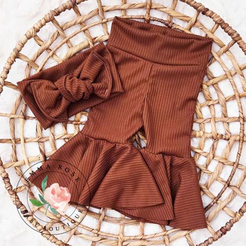Baby girl brown bell bottoms, headband hair bow, baby flare pants, brown baby pants, retro hippie baby clothes Fall newborn girl outfit gift