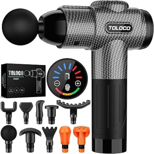 TOLOCO Massage Gun, Deep Tissue Back Massage for Athletes for Pain Relief, Percussion Massager with 10 Massages Heads & Silent Brushless Motor, Fathers Day Dad Gifts, Carbon