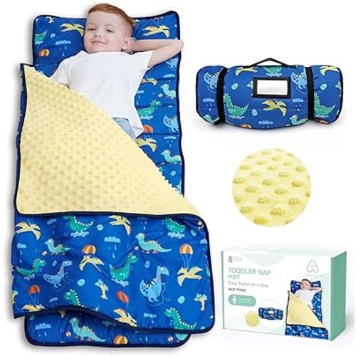 ACRABROS Toddler Nap Mat with Pillow and Blanket, Extra Large Rolled Napping Mats,Slumber Bags for Boys Girls,Kids Sleeping Bag for Daycare, Preschool Travel Camping, Dinosaur