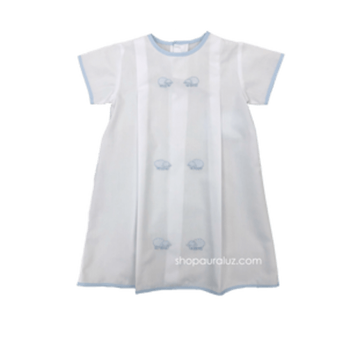 Auraluz Boy Day Gown | White with blue trim and embroidered lambs | Newborn