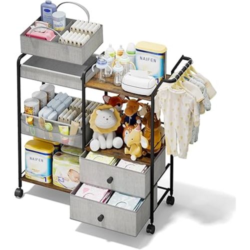 BBLIKE Diaper Caddy Organizer with Hanging Rack - 3 Tier Rolling Baby Storage Cart with Drawers and Side Pockets for Newborn Diaper Organization for Nursery, Crib, Bedroom, Changing Table, Gray