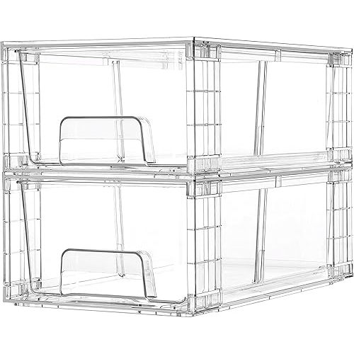 Vtopmart 2 Pack Stackable Storage Drawers,Clear Acrylic Drawer Organizers with Handles, Easily Assemble Containers for Fridge, Bathroom,Kitchen Undersink,Cabinet,Pantry Organization and Storage