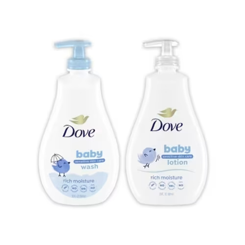 Baby Dove Rich Moisture Sensitive Skin Scented Hypoallergenic Lotion 20 fl oz + 20 fl oz Baby Wash & Shampoo
