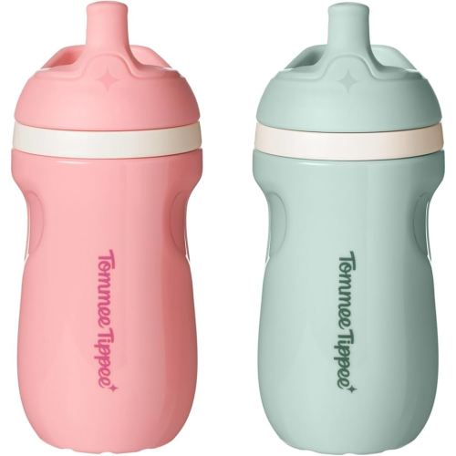 Tommee Tippee Insulated 9oz Sporty Spout Toddler Water Bottle, No Spill Sippy Cups for Toddlers 1-3, Two-Piece Valve Helps Stop Spills, BPA Free, Pink and Mint, Pack of 2