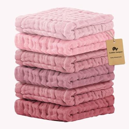 Cuddle Campus 6 Pack Muslin Baby Washcloths, Burp & Wash Cloths for Babies