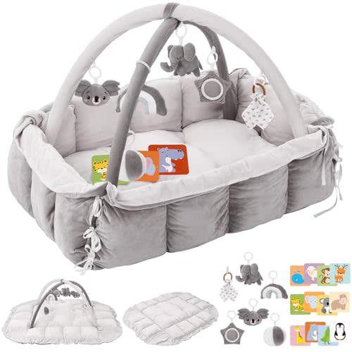 5-in-1 Plush Baby Play Gym, Baby Play Mats, Convertible Baby Gym, Tummy time mat, 6 Sensory Toys, Activity Center, Ball Pit, Grey
