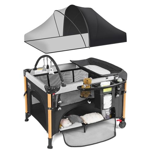 Baby Bassinet 5 in 1 Pack and Play,Baby Crib Adjustable Beside Sleeper One-Second &One-Hand Setup,Portable Playard Foldable Playpen for Newborn,Babies and Toddlers with Changing Table,Mattress (Grey)