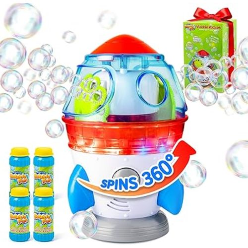 Rocket-Shaped Bubble Machine for Kids & Pets - Dual Powerful Bubble Outlets, Automatic 360° Rotation, Adjustable LED Lights & Music – Ideal for Indoor/Outdoor Birthday Parties