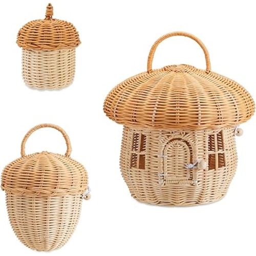 Handmade Wicker Rattan Mushroom-Shaped Storage Basket for Outdoor, Kids, Decor, Photography Props (Set of 3)