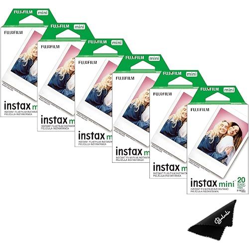 Fujifilm Instax Mini Film ISO 800, Six Twin Packs 120 EXP Total Compatible with Instax Mini Evo, 12, 11, 9 Models, Includes Balveli Premium Microfiber Cleaning Cloth