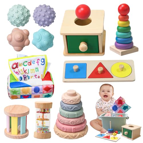 Montessori Toys for Babies 6-12 Months,1 Year Old,8 in 1 Learning Educational Set Wooden Sensory Toys for Baby Toys 12-18 Months (Includes Tissue Box Toy,Rainmaker and More)