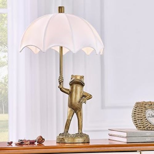 Crestview Collection 20.75" Gold Resin Frog Table Lamp with Umbrella Shade