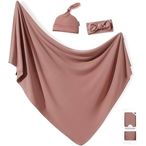 GRSSDER Newborn Swaddle Blanket, Ultra Soft Jersey Receiving Blanket with Matching Headband and Beanie Set 33×44", Stretchy Baby Neutral Swaddle Wrap for Girls and Boys