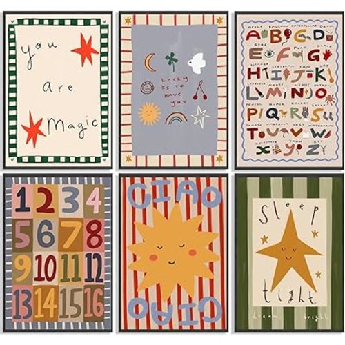 6Pcs Colorful Kids Room Wall Art Digital Letter Educational Wall Decor Prints Boho Colorful Stripes Paintings Artwork Star Sun Pictures for Nursery School Home Decoration 8x10in No frame