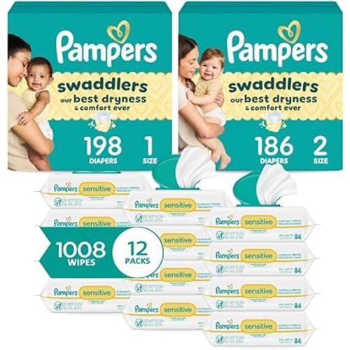 Pampers Baby Diapers and Wipes Starter Kit, Swaddlers Disposable Sizes 1 (198 Count) & 2 (186 Count) with Sensitive Water Based 12X Multi Pack Pop-Top Refill (1008 Count)