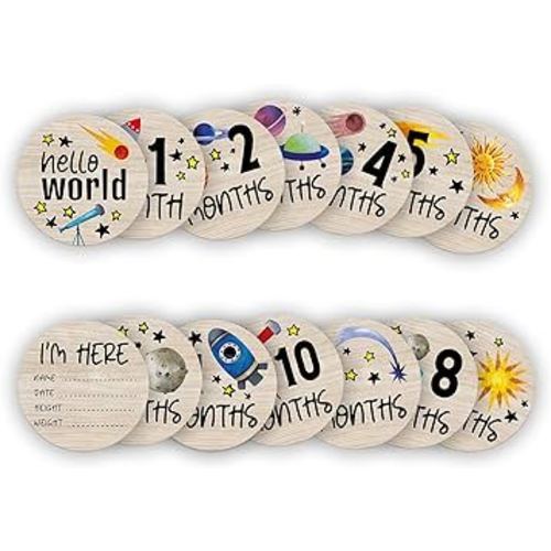 Baby Monthly Milestone Circles, Astronaut Space Stuff Wooden Discs for Baby Photo Takens with Hello World Signs - 7 Pcs Double Sides Round Circles Signs for Documenting Growth