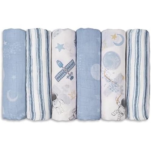 GLLQUEN BABY Receiving Blanket Boy Cotton Muslin Swaddle Blankets Girl Newborn Squares Breathable & Soft Thin Baby Blankets Cloths Double Absorbent Infant Swaddling Wrap - 6 Pack (Blue Astronaut)