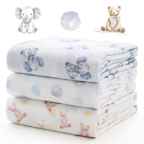 Momcozy Muslin Best Wishes Swaddle Blankets, Ultra Soft Neutral Registry Essentials, Whispering Bears & Elephants, Breathable Large 47'' x 47'' Newborn Boys Girls Receiving Blanket