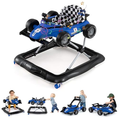 BABY JOY 4-in-1 Baby Walker, Foldable Activity Walker with Push Mode, Adjustable Height, Lights, Anti-Rollover, Baby Walker with Wheels for Boys Girls 6-18 Months (Blue)