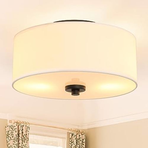 Lodstob 2-Light Flush Mount Ceiling Light Fixture, 12” Modern Close to Ceiling Light with White Fabric Linen Drum Shade, Round Ceiling Light for Bedroom Hallway Living Room Bathroom Dining Kitchen