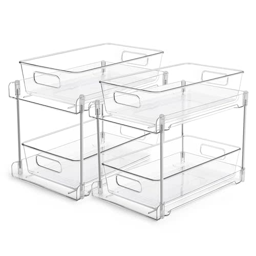 Vtopmart 2 Tier Bathroom Storage Organizer, 2 Pack Clear Under Sink Organizers Vanity Counter Container, Cabinet Drawers Bins, Pull-Out Organization with Track for Pantry, Kitchen