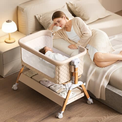 VBSUTO 3 in 1 Baby Bassinet Bedside Sleeper,Bedside/Rocking Bassinet for Baby with Waterproof Comfy Mattress and Lockable Wheels,7 Adjustable Height, Easy Folding Portable Crib for Newborn-Khaki