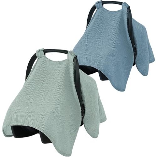 2 Pcs Baby Car Seat Cover, Breathable Muslin Cotton, Infant Windproof Canopy, Soft Baby Nursing Cover, Universal Fit Stroller Covers for Stroller Outdoor Boys & Girls, Must Have Baby Gift- Roman Green