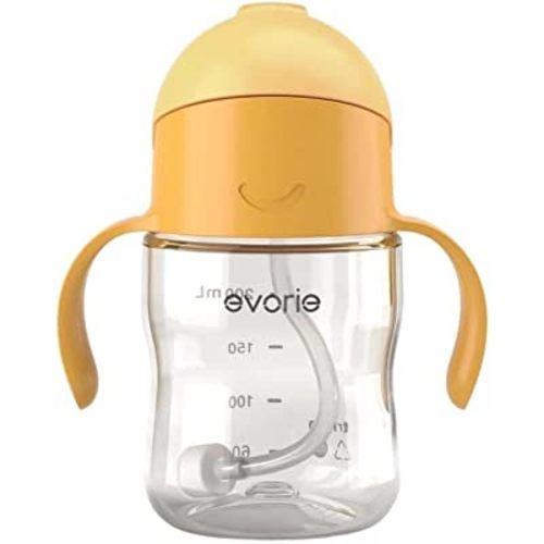 Evorie Tritan Weighted Straw Sippy Cup with Handles for Baby and Toddlers 6 months up, 7 Oz Leakproof Soft Silicone Straw first Infant Water Bottle (Apricot)