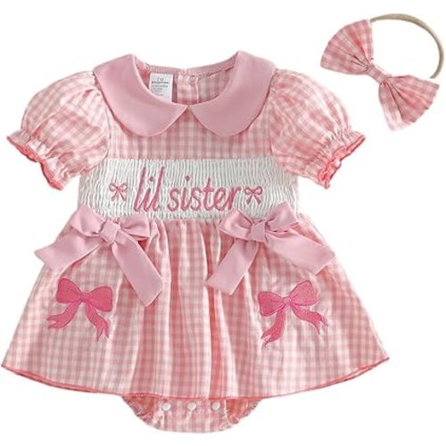 Baby Girl Summer Clothes Bow Embroidery Romper Dress Short Sleeve Plaid Jumpsuit Skirt Hem Bodysuit Cute Outfit