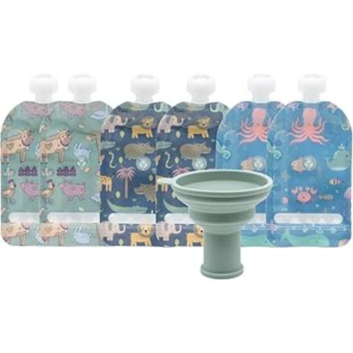 WeeSprout Double Zipper Reusable Food Pouches, Perfect for Babies & Toddlers, Freezer & Dishwasher Safe (Animals, 5 Fl Oz (Pack of 6) + Pouch Filler)