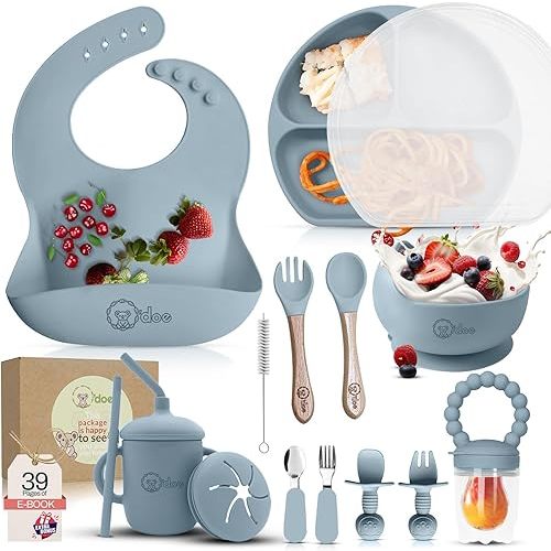 O'doe 17-Piece BPA-Free Silicone Baby Feeding Set | Thick & Soft Suction Plates, Baby Bowls, Wooden Fork & Spoon, and More | Make Mealtime Fun and Easy for Your Little One (Blue, V2)