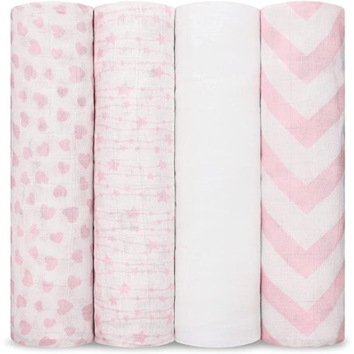 Comfy Cubs Muslin Swaddle Blankets Pack of 4, 47 x 47 Inches, Soft Cotton Baby Blanket Set, Large Multipurpose Swaddling Wraps for Newborns - Self-Soothing Swaddle - Pink