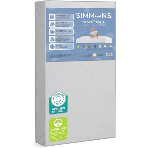 Simmons Kids Silver Nights Dual Sided 2-Stage Baby Crib Mattress and Toddler Mattress - GREENGUARD Gold – Waterproof - Sustainably Sourced Core Fiber Core, Grey